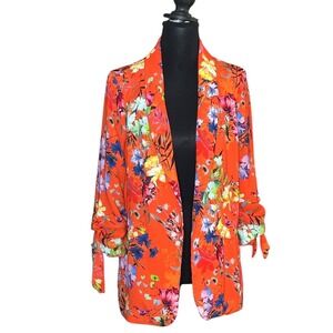 River Island Orange Floral Open Front Blazer Ruched Tie Sleeve Size 8 UK